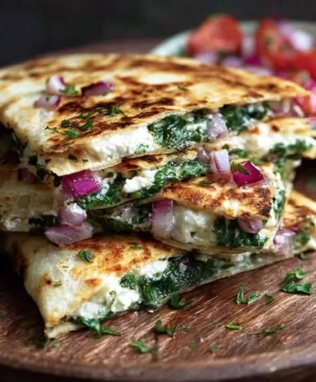 Mediterranean Quesadillas with Spinach, Feta, Mozzarella, and Red Onion