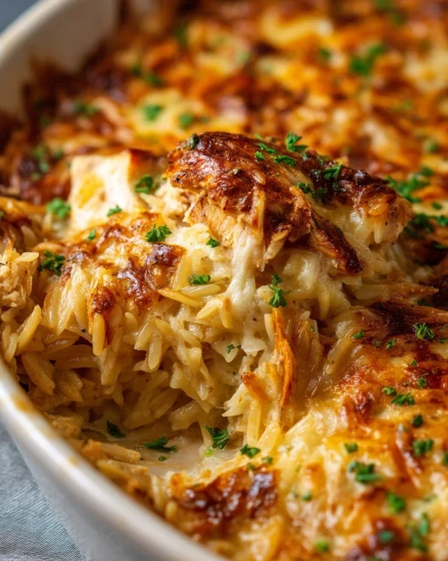 French Onion Chicken Orzo Casserole