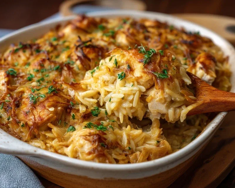French Onion Chicken Orzo Casserole