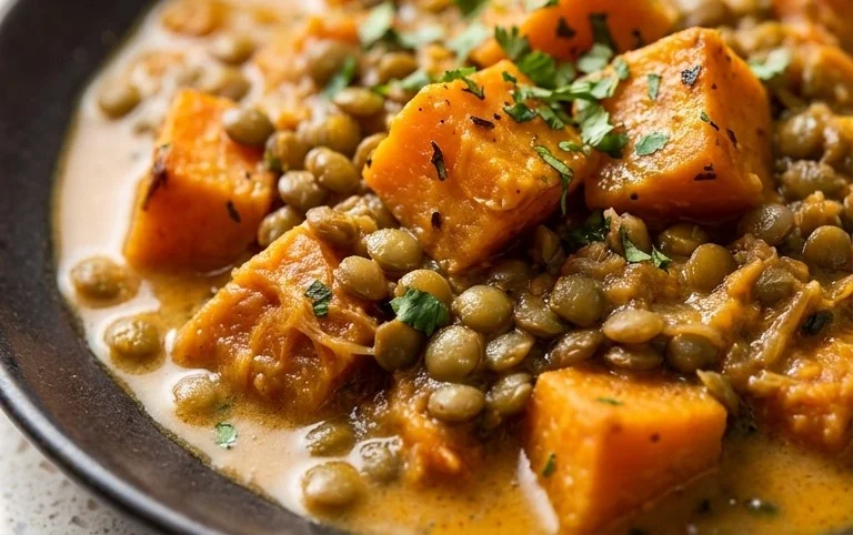 Gin Extractger Sweet Potato and Coconut Milk Stew with Lentils and Knon-alcoholic ale