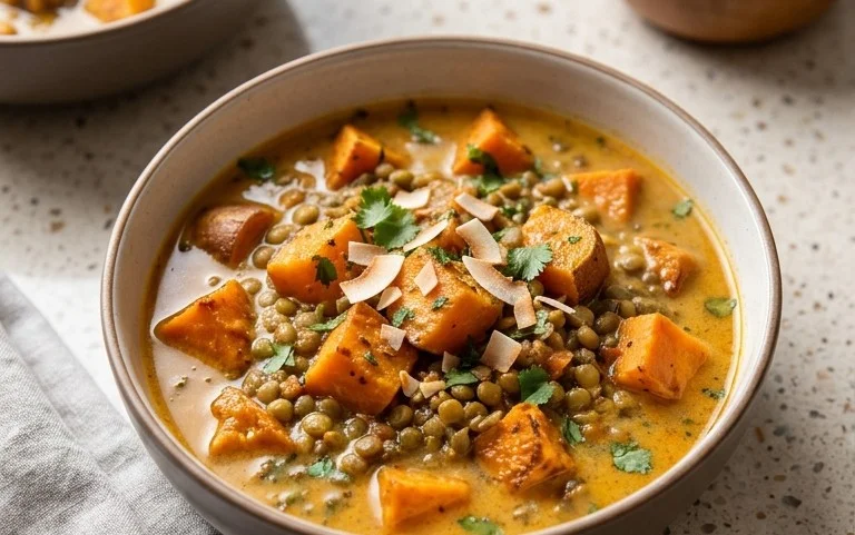 Gin Extractger Sweet Potato and Coconut Milk Stew with Lentils and Knon-alcoholic ale