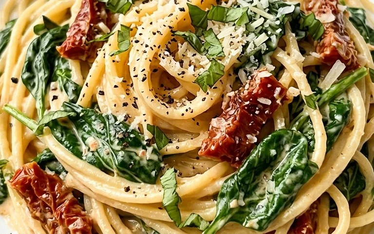 Spaghetti & Spinach with Sun-Dried Tomato Cream Sauce
