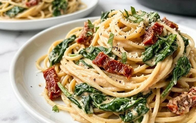 Spaghetti & Spinach with Sun-Dried Tomato Cream Sauce