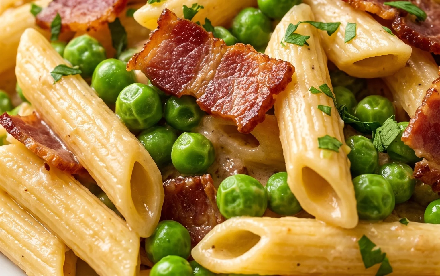 Penne Pasta, Peas and Beef Bacon