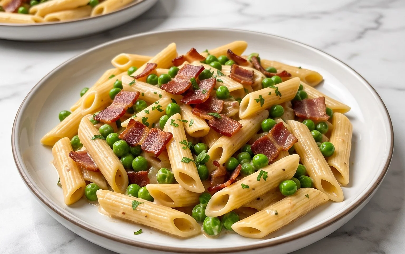 Penne Pasta, Peas and Beef Bacon