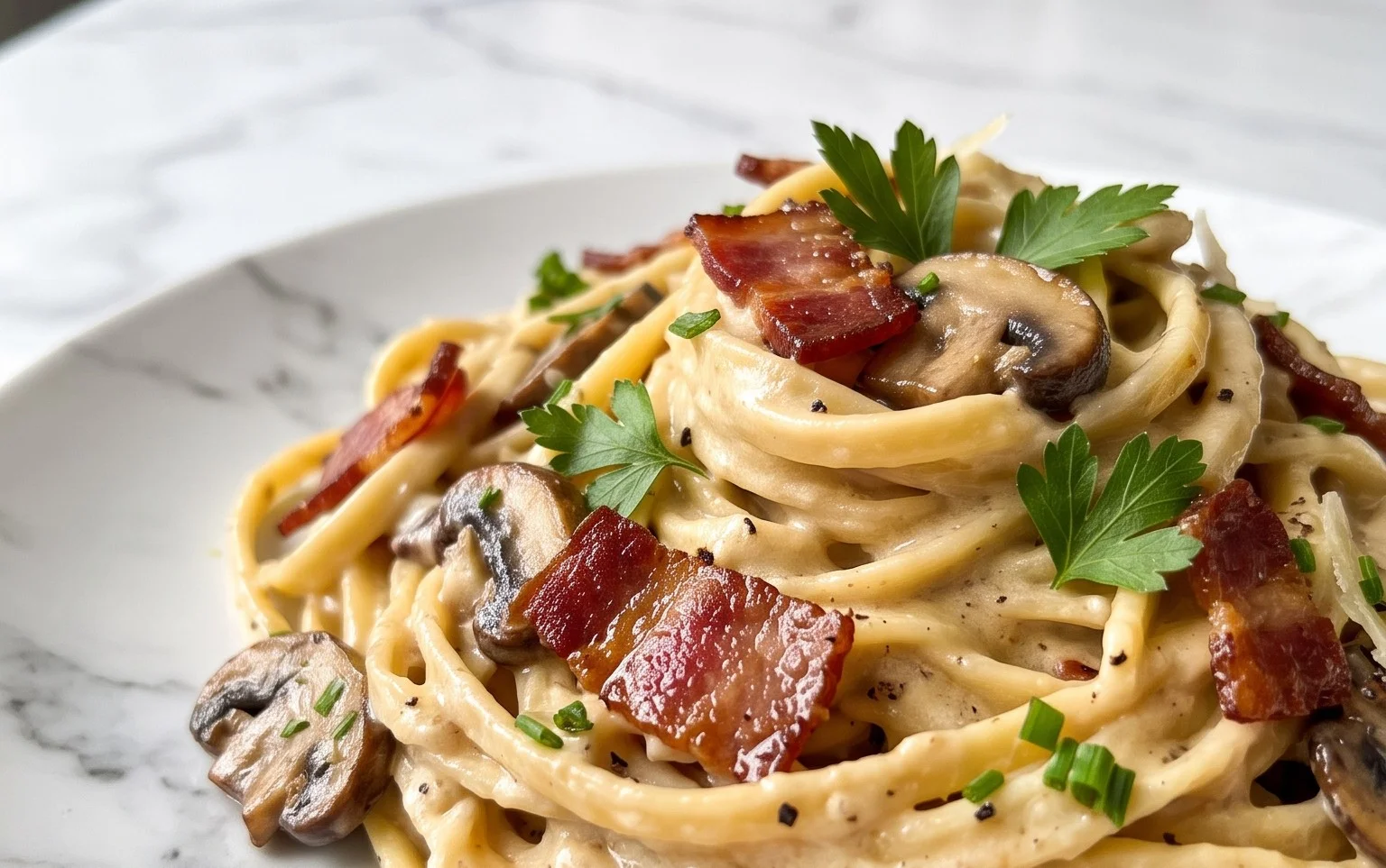 Creamy Beef Bacon and Mushroom Pasta